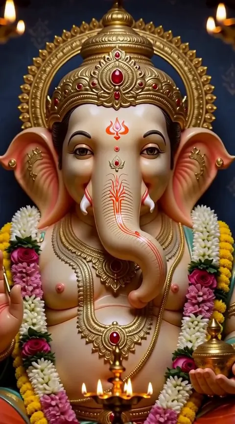 A garlanded statue of Ganesha in golden lamp light.