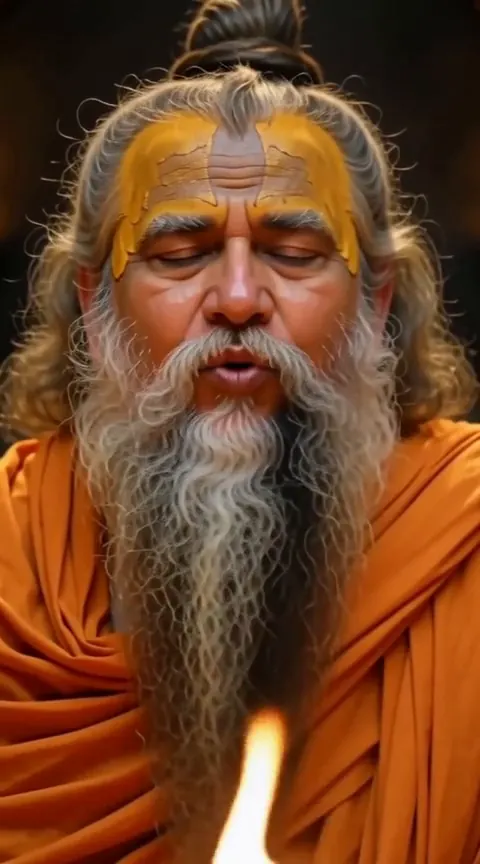An old sage in saffron robes reciting with his eyes closed, lit by a flame.