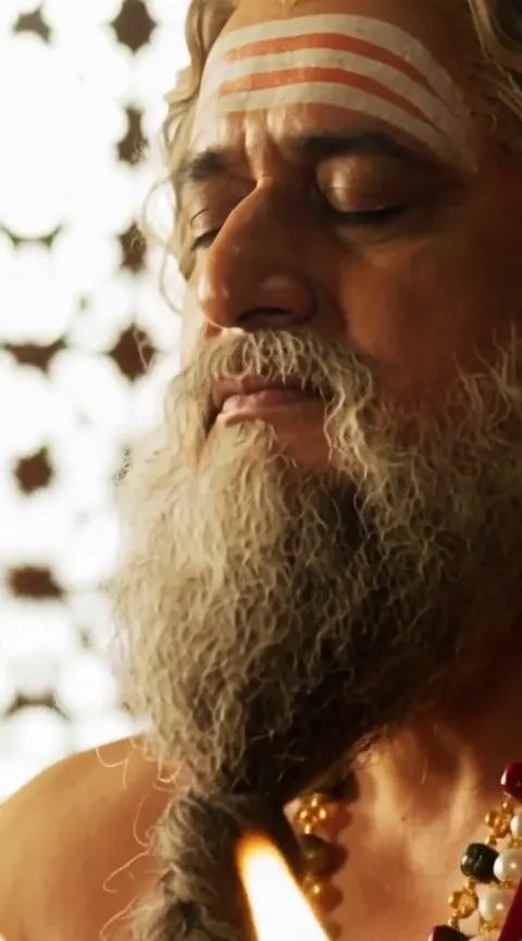 The sage in close-up, deep in thought beside a single lamp.