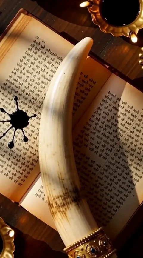 An ivory tusk resting on handwritten pages beside spilled ink.