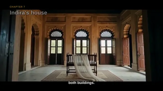 Chapter title ‘Indira’s house’ over a room with carved wooden doors.
